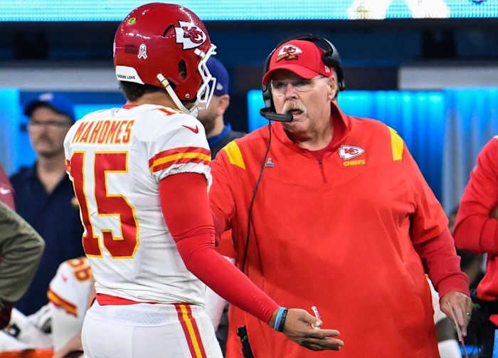 Kansas City Chiefs quarterback Patrick Mahomes (15) and coach Andy Reid chat during a timeout. (Robert Hanashiro/USA TODAY Sports)